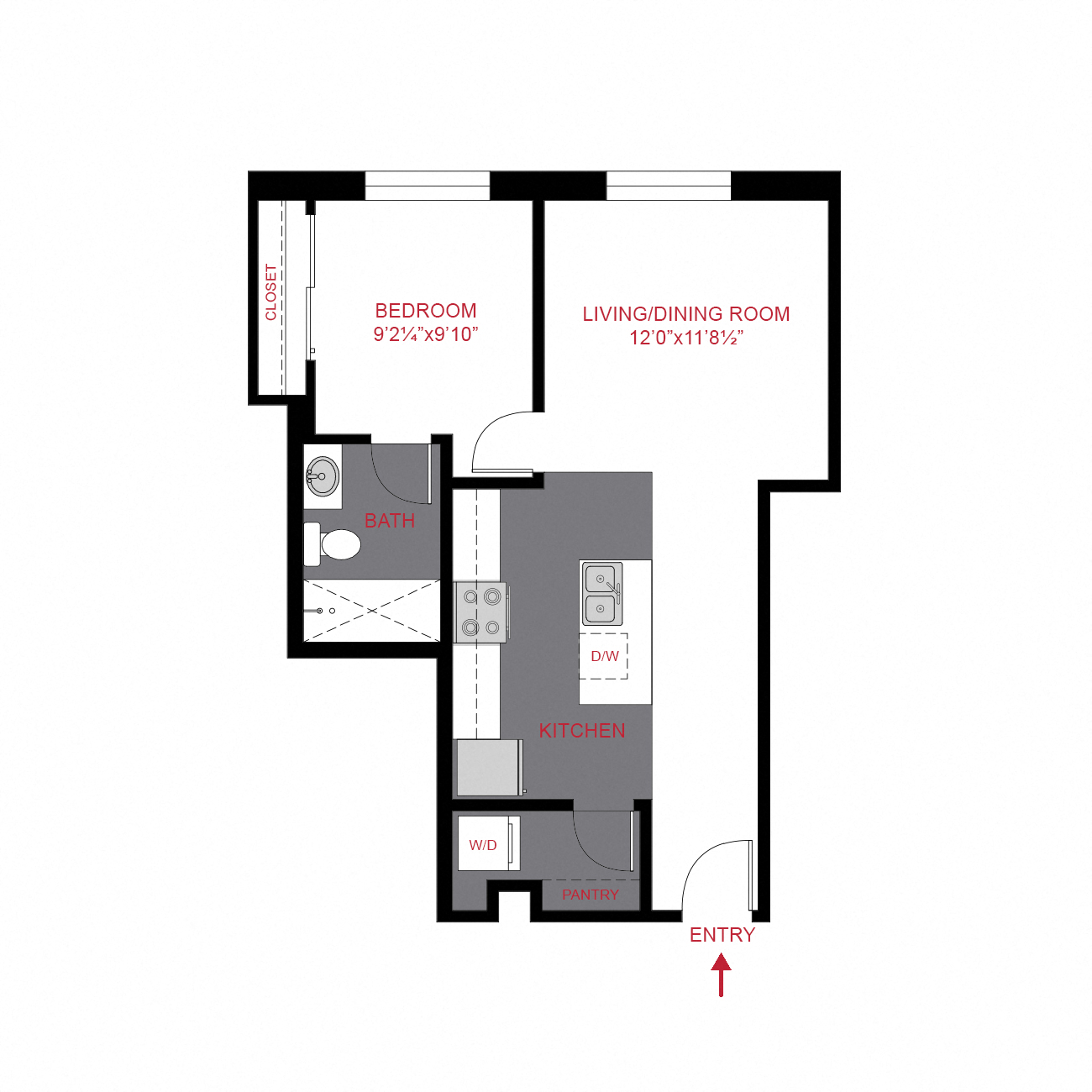 Floor plan for 1 bed, 1 bath, 595 sqft